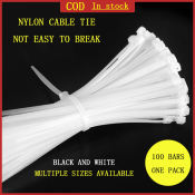 100pcs Nylon Cable Ties - Self Locking, Black/White, Multiple Sizes