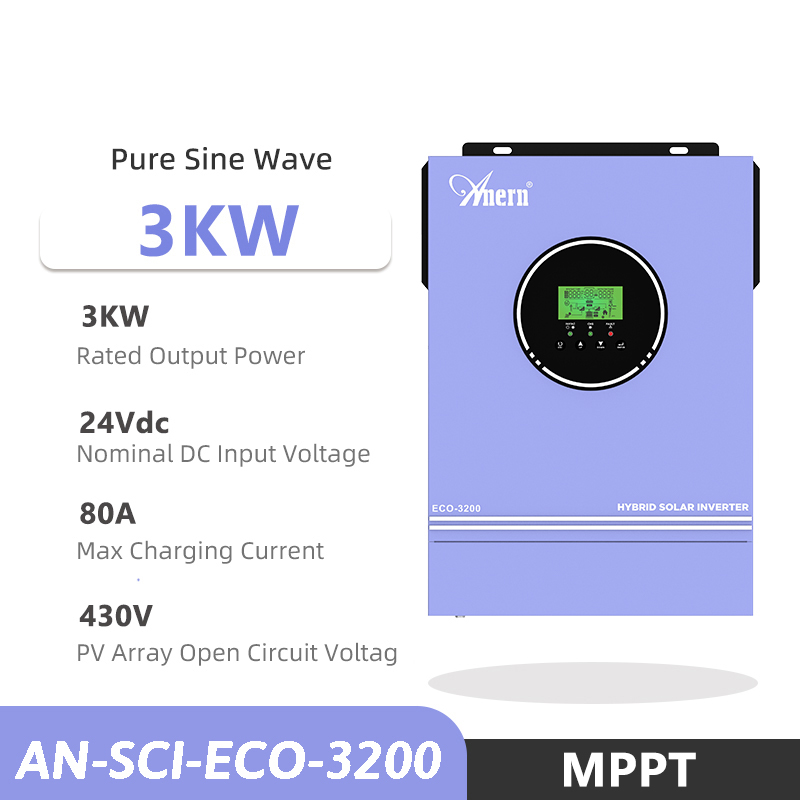 Hybrid Solar Inverter 3KW Solar Inverter 24V Hybrid Off Grid Inverter Built in MPPT Solar Charger 30V~400V Wide PV Voltage Input Range