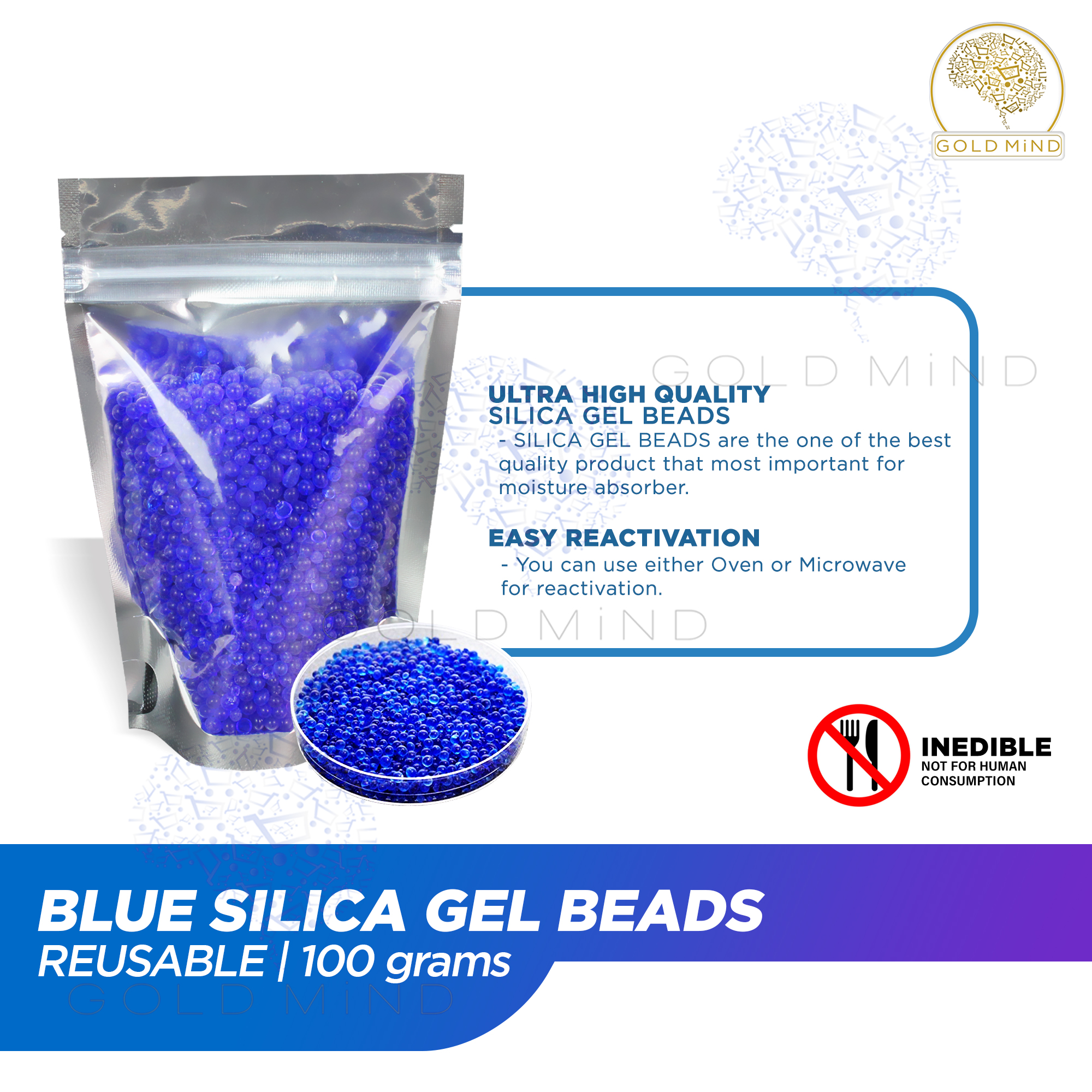 Reusable Silica Gel Bead Blue 100g Premium Moisture Absorber, Dehumidifier