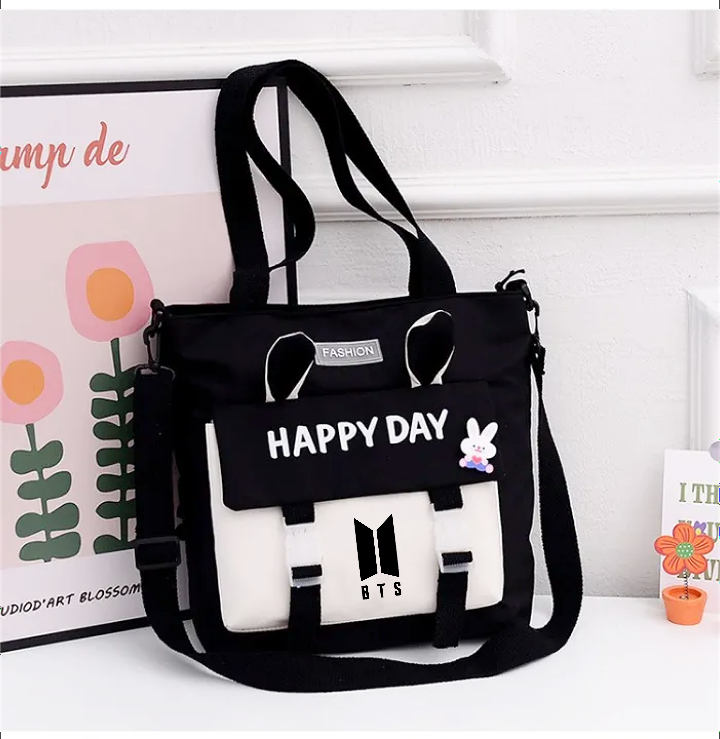 BTS Logo Happy Day Bunny Ears Bag Kpop Canvas Shoulder Tote Bag Lazada PH