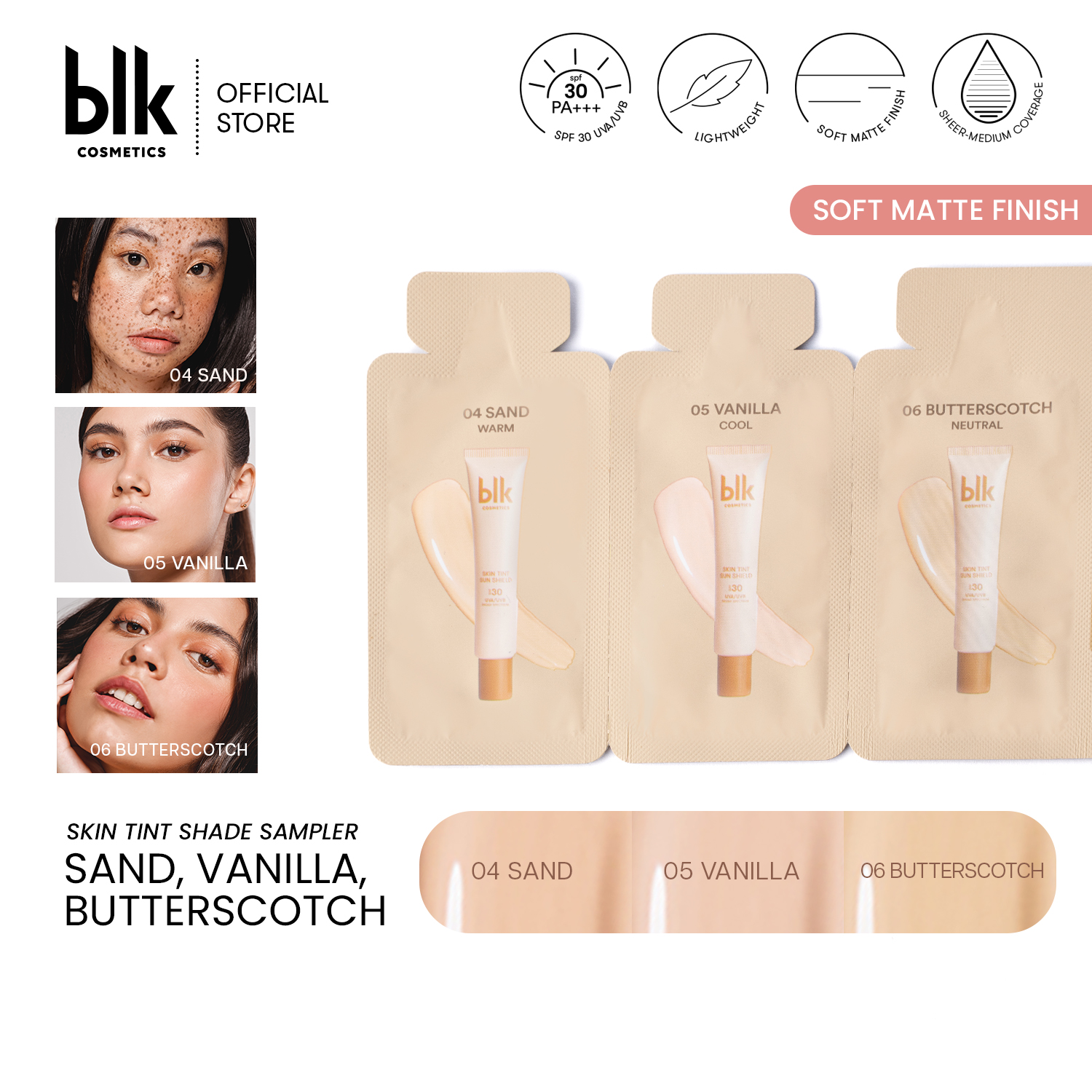 Discount on BLK Cosmetics  shoes - SKU: blk cosmetics universal skin tint spf30 shade sampler medium (04 sand, 05 vanilla, 06 butterscotch)