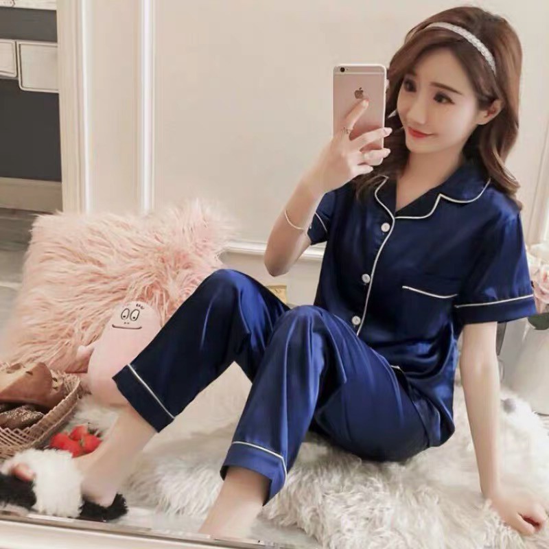M-XXL Women Satin Short Sleeve Long Pants Pajamas Silk Sleepwear PLAIN - Image 3