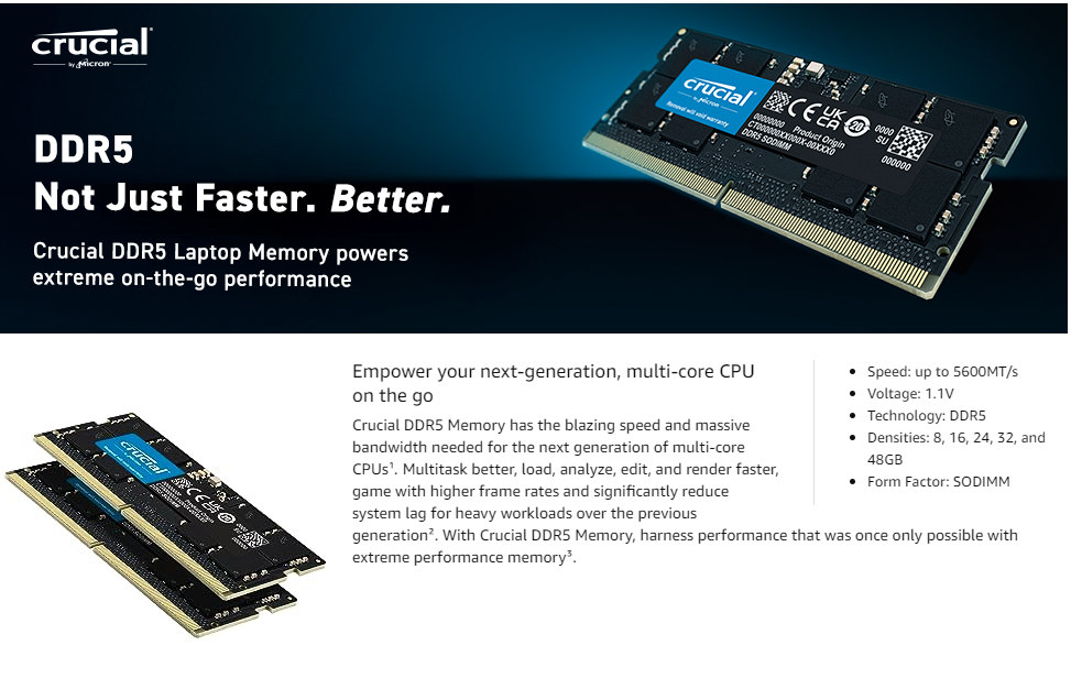 Crucial RAM 16GB DDR5 5200MT/s (or 4800MT/s) Laptop Memory