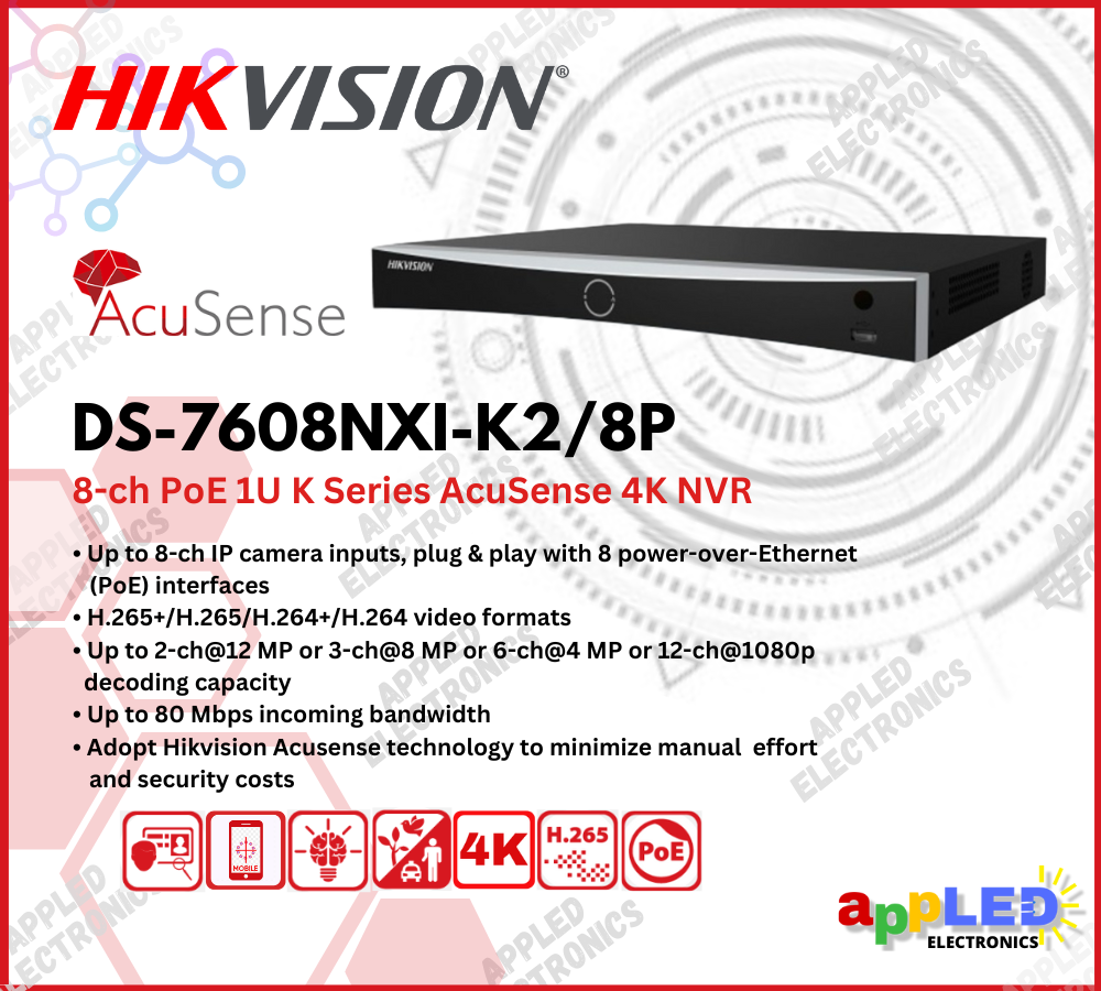 Hikvision DS-7608NXI-K2/8P 8-CH AcuSense 4K PoE NVR with 8 Built-in PoE Interfaces Presyo 12,350 Piso*Libreng Shipping