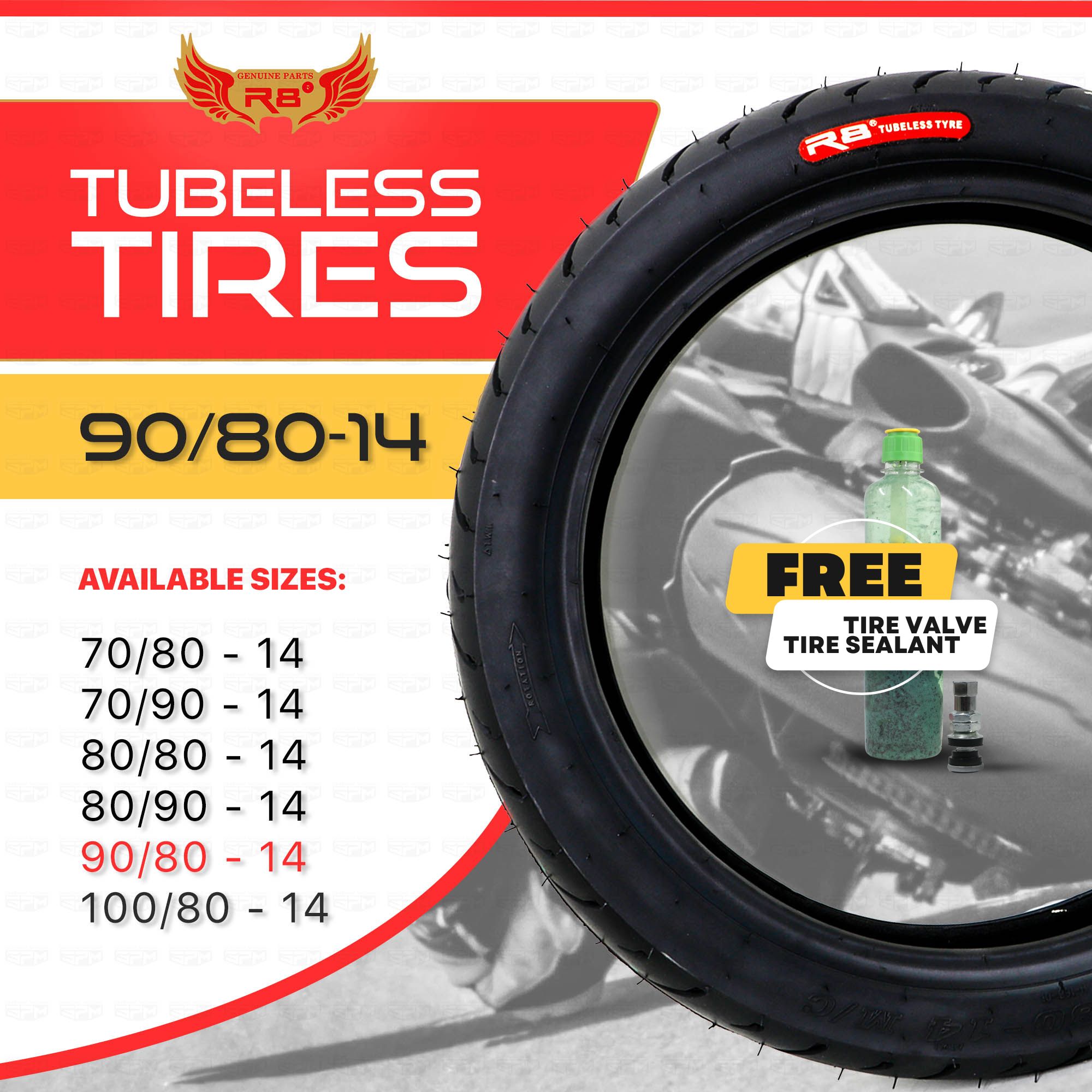 R8 TUBELESS TIRE 100/80X14 (9861-209) WITH SEALANT AND PITO