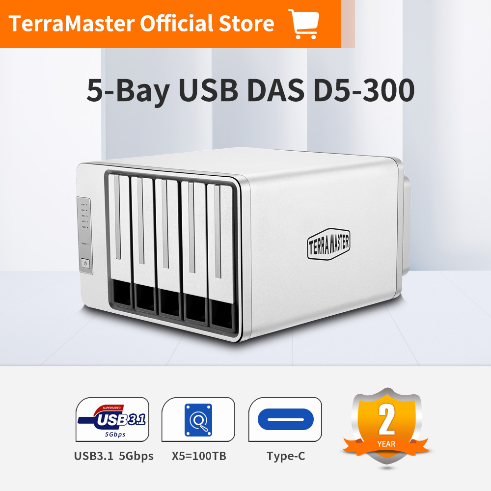 Teramaster D5-300 usb3.1 (Gen1) type C 5-Bay external hard drive enclosure support RAID 0, RAID 1, RAID 5, RAID 10, clone, JBOD, single disk hard disk RAID storage (diskless) ราคา 9,178 บาท*ส่งฟรี