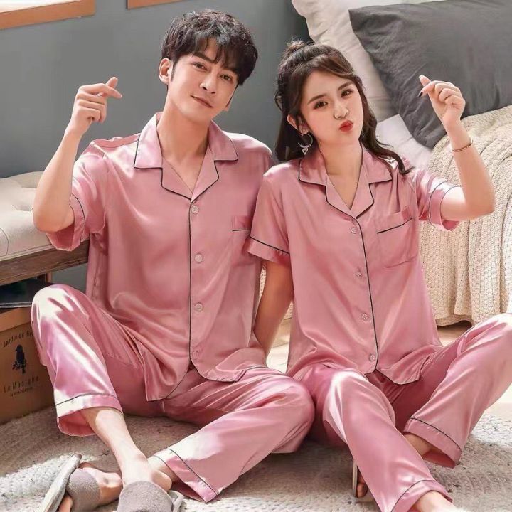 M-XXL Women Satin Short Sleeve Long Pants Pajamas Silk Sleepwear PLAIN