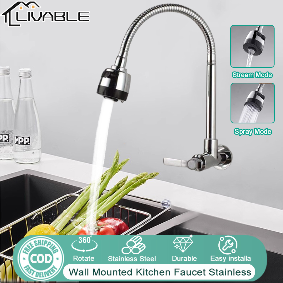 LIVABLE Kitchen Faucet Stainless 360° Rotate Flexible Cold Tap Sink Wall Mounted Faucet Two Effluent Modes Spout Sink Mop Laundry Sink Faucet