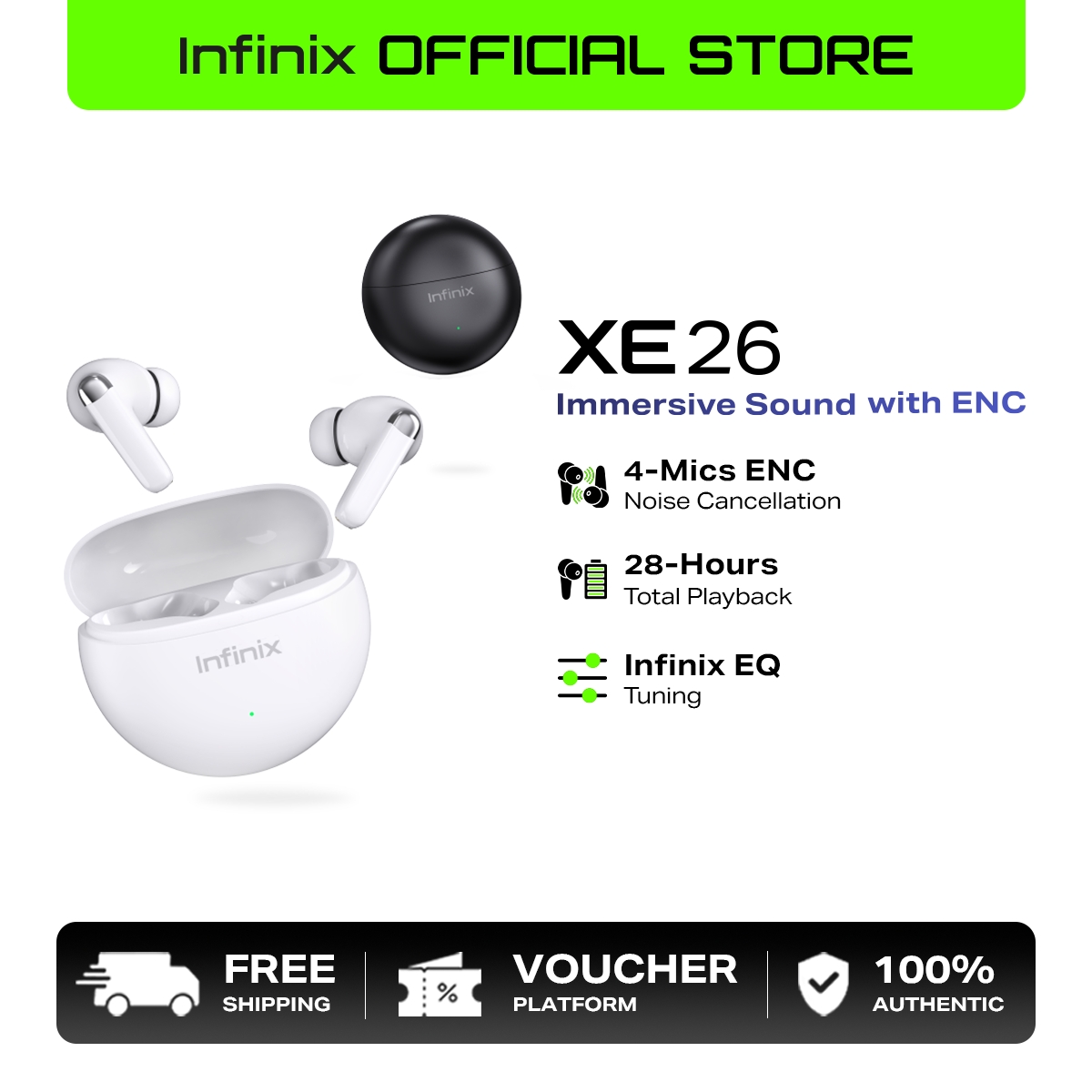 Infinix XE26 Buds Neo / Immersive Sound with ENC, 28-Hours Total Playback Earphone