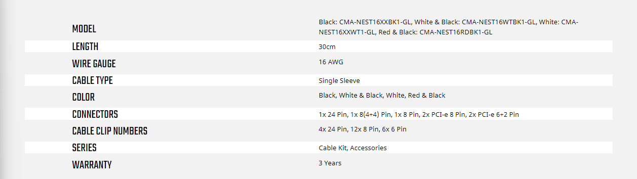 Cooler Master RED & BLACK Colored Premium PSU Extension Cable Kit (CMA-NEST16RDBK1-GL) 1 x ATX 24 Pin, 1 x CPU 8 (4 + 4) Pin, 1 x CPU 8 Pin, 2x PCI-e 6+2 Pin, 2 x PCI-e 8 | Cable Clips: 4x 24 Pin, 12x 8 Pin, 6x 6 Pin | Pin Single Sleeve 16 AWG