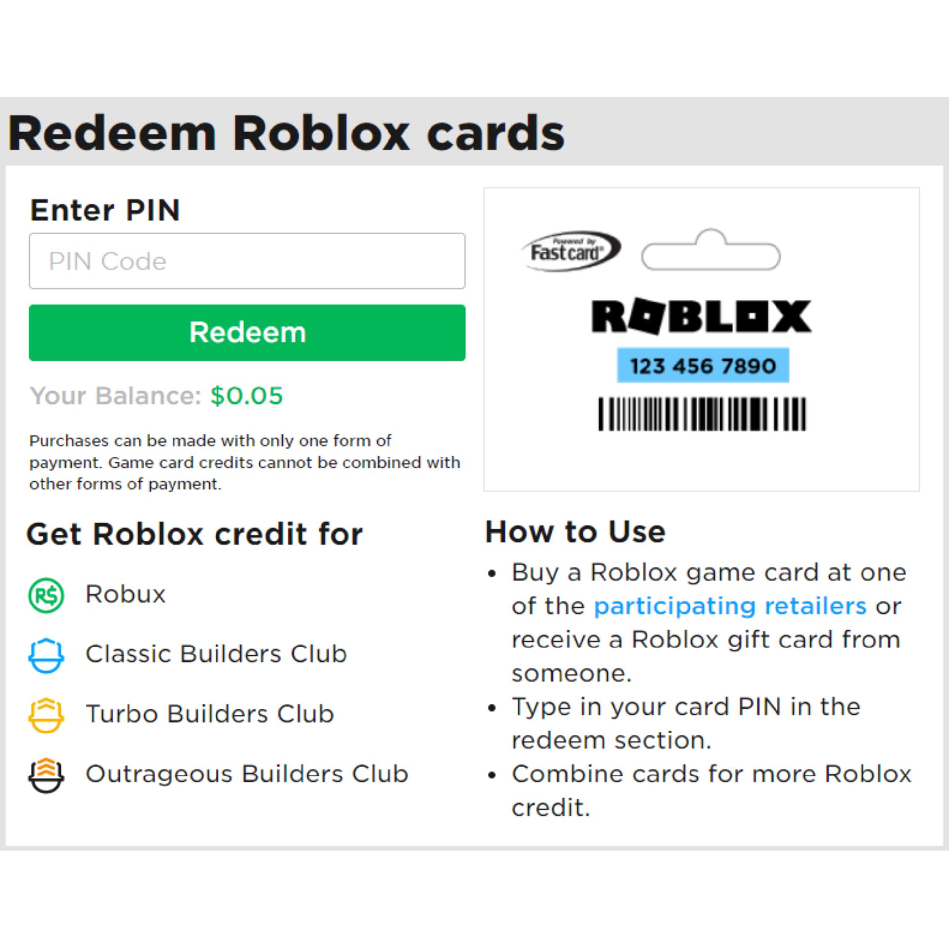 whats the pin for free for roblox to the roblox card
