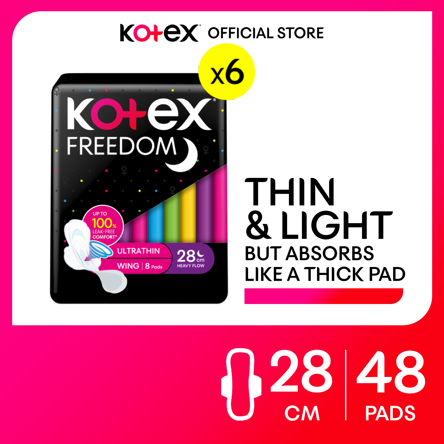 Kotex Freedom Ultrathin 28cm Pads - 8 Pads x 6