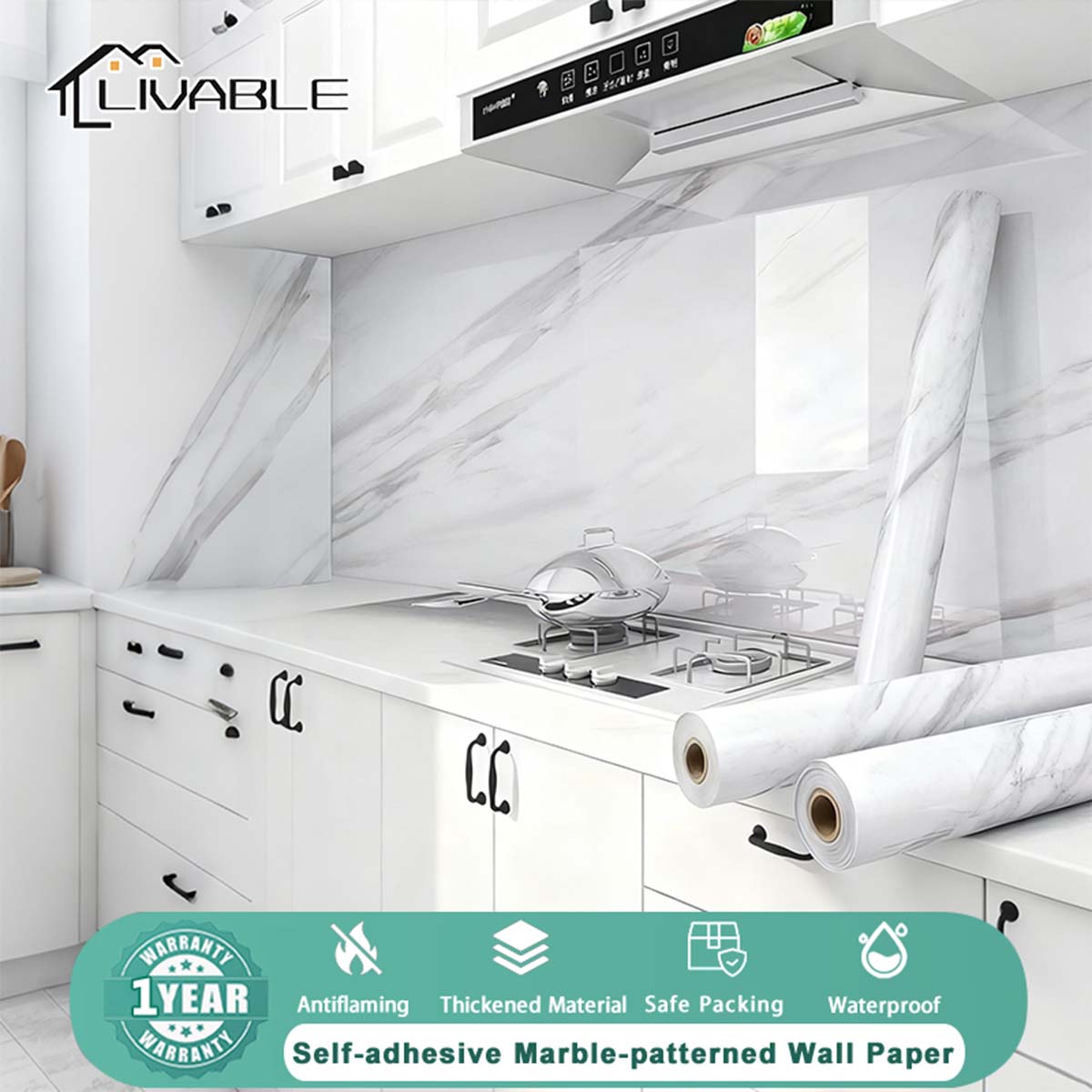 LIVABLE 3Mx60CM Marble Wallpaper Self-adhesive Kitchen Waterproof Oilproof PVC Wall Stickers Table Top Decorative Stickers