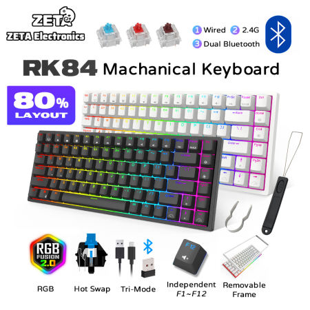 RK84 Rgb Wireless Mechanical Gaming Keyboard Rgb Backlit Hotswappable 80% Ultra-Compact 84 Keys Brown/Blue/Red Switch Tri Mode From Zeta Electronics