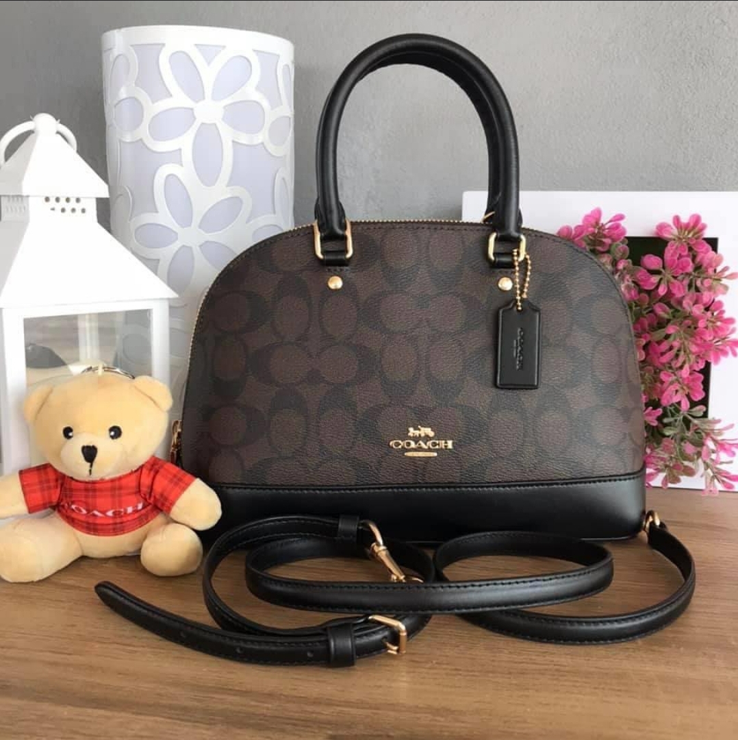 Authentic Coach. F27583 Mini Sierra Satchel Dome Bag in Brown Signature  Coated Canvas and Black Smooth Leather