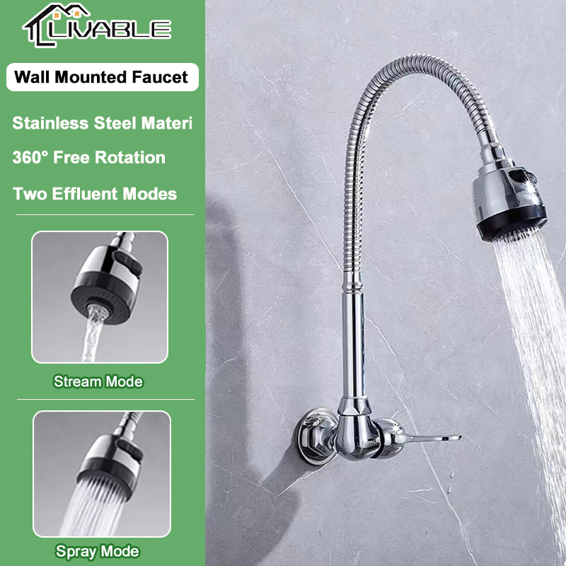 LIVABLE Kitchen Faucet Stainless 360° Rotate Flexible Cold Tap Sink Wall Mounted Faucet Two Effluent Modes Spout Sink Mop Laundry Sink Faucet - Image 2