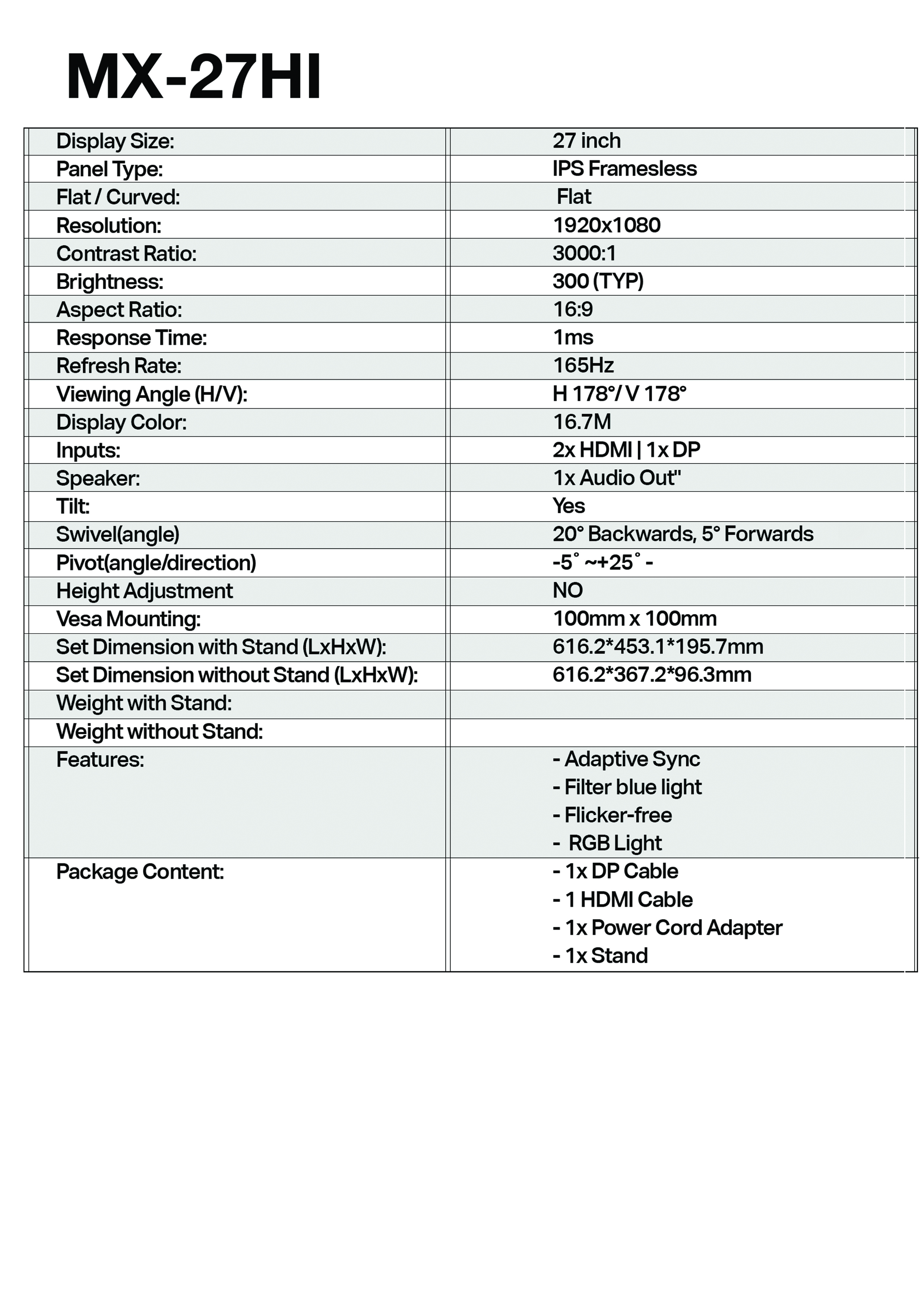 ViewPlus MX-27HI 27" IPS 165hz 1080P Gaming Monitor Full HD, Freesync, Gsync Compatible, MX 27hi, 27 inches