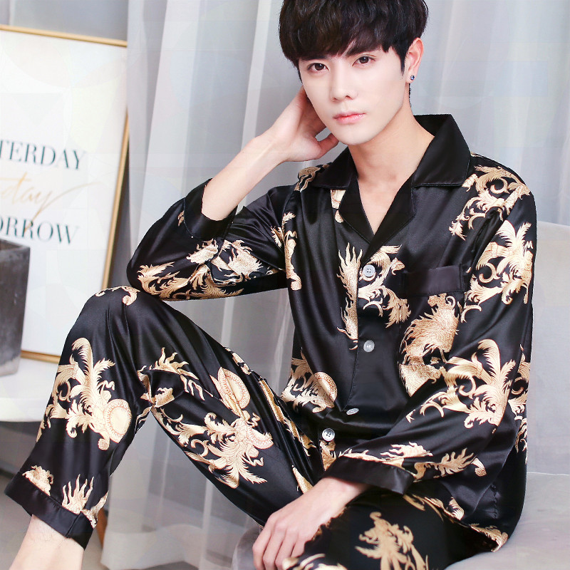 Men's Long Sleeve Satin Robe Dragon Print Sleepwear Nightgown Silk Pajamas  House Kimono Bathrobe - Temu