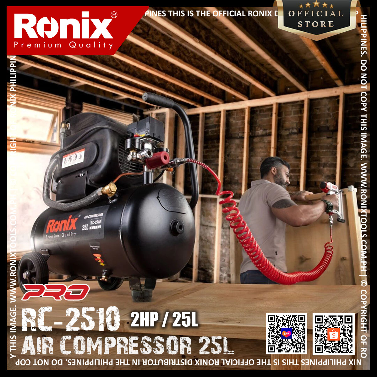 [NEW] Ronix RC-2510 (2HP) Air Compressor 25L, 1490W 2800RPM 220-240V / 50-60Hz 8 bar maximum pressure Metal air filter Multipurpose machine which is great for different jobsites and workshops. Suitable for fastening, nailing, bolting, painting etc. - Brand RONIX Presyo 7,958 Piso*Libreng Shipping