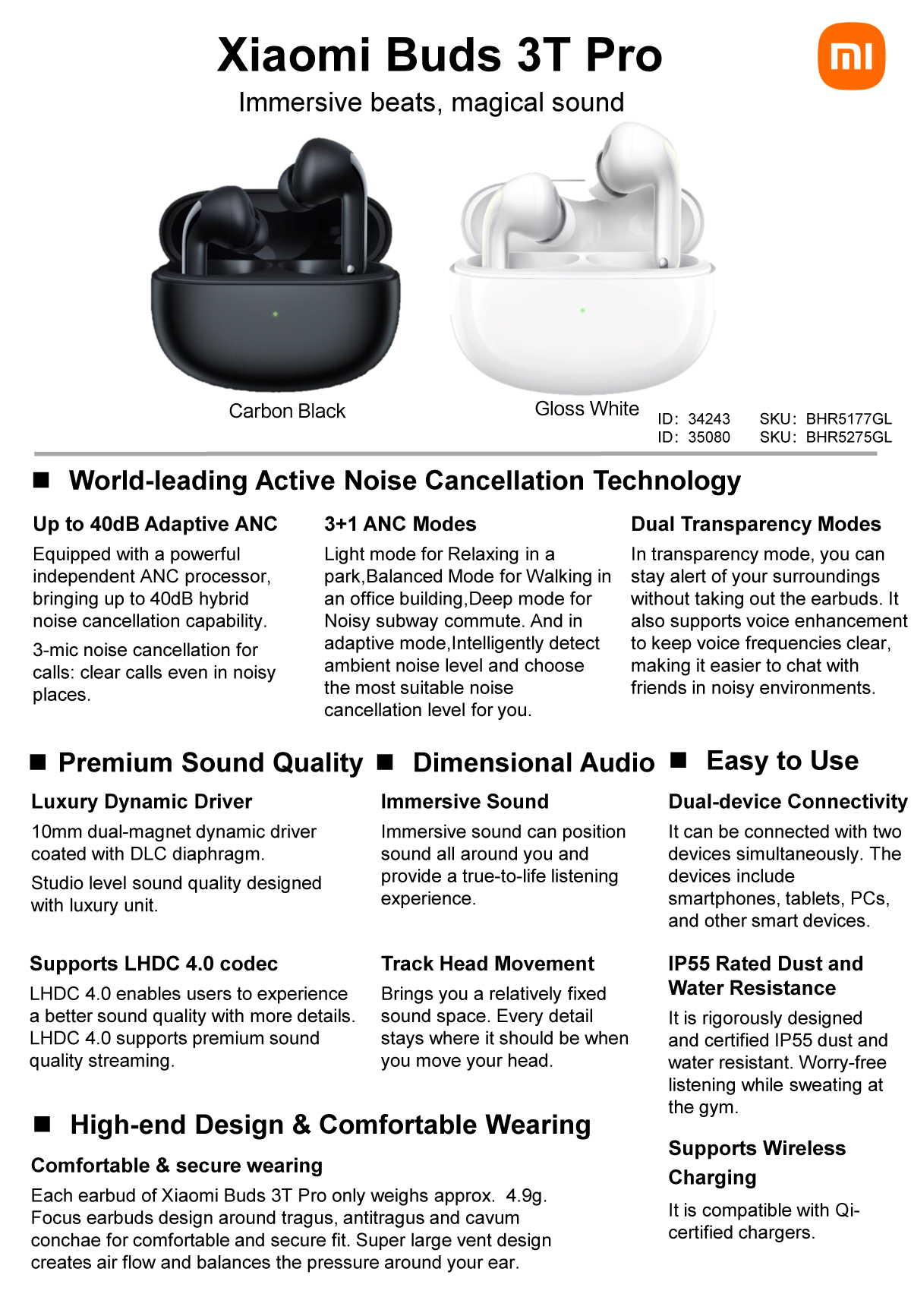 Xiaomi Buds 3T Pro Water Resistant Earbuds Bluetooth