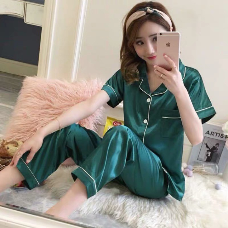 M-XXL Women Satin Short Sleeve Long Pants Pajamas Silk Sleepwear PLAIN - Image 4