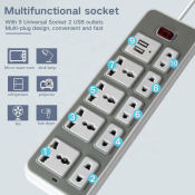 Universal Power Strip with 9 Sockets and 2 USB Ports