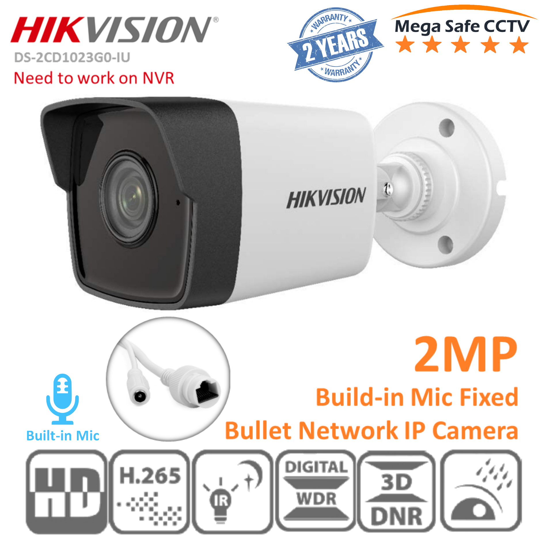 HikVision 2MP IR Audio PoE Outdoor Fixed Bullet Network Camera, Built-in  Mic, Compression, EXIR Night Vision IP CCTV Camera for House