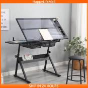 Drafting table drawing glass table with extra side table drawers and leather padded stool