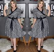 Elegant Plus Size V-Neck Stripe Midi Dress by 