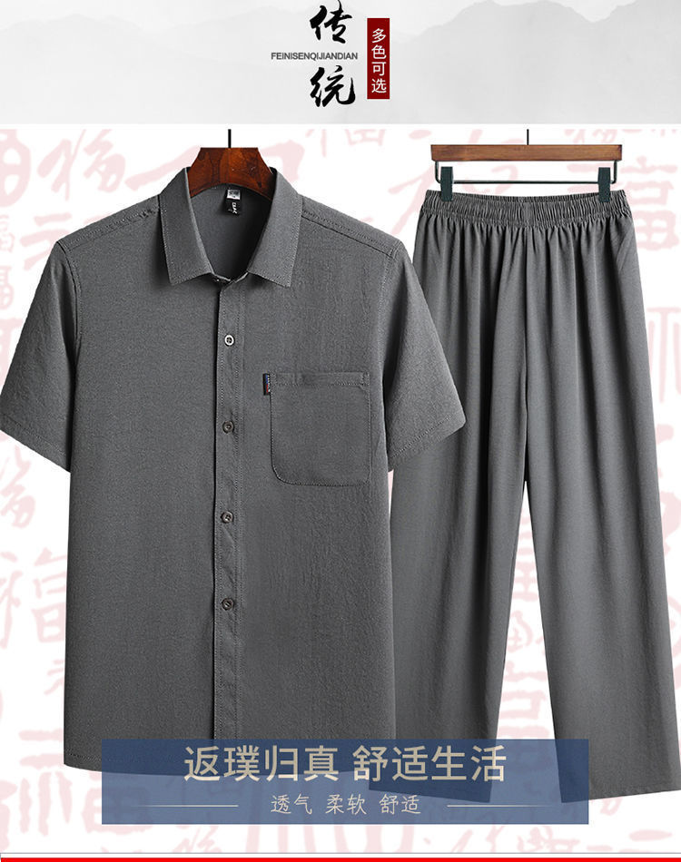 Summer short sleeve shirt middle-aged men cotton and linen suit middle-aged and elderly thin summer clothing dad shirt grandpa clothes