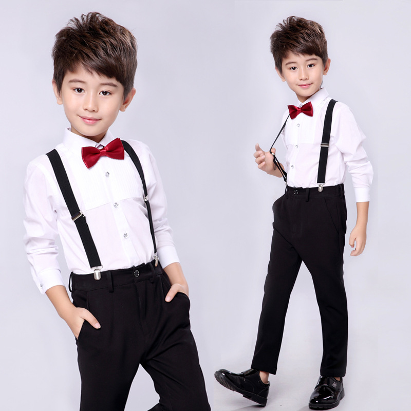 white shirt black pants suspenders