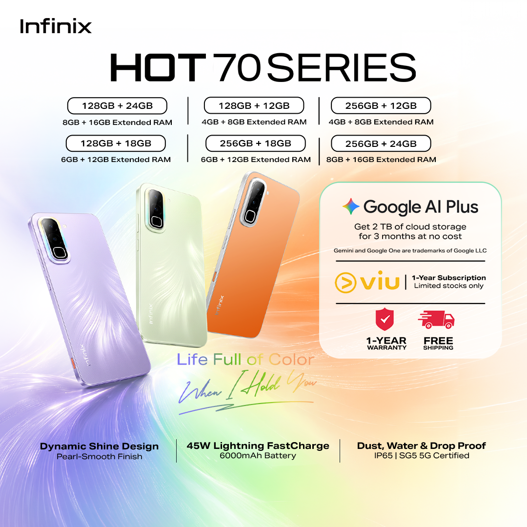 「NEW Arrival」- Infinix HOT 70 Series / Dynamic Shine Design with Baby-Smooth Finish / 45W+ 6000 mAh Battery + Lighting Fast Charge / Dust, Water & Drop Proof IP65 SG5G Certified (1 year local warranty) Smart Phone