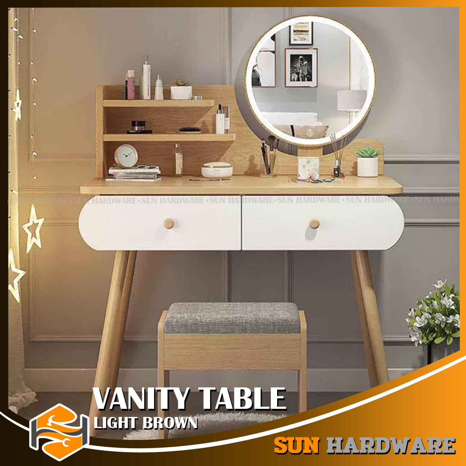 Sun Hardware Modern Style Vanity Table With One Side Shelf And Round Mirror With Light 8040120cm Lazada Ph Sun Hardware Modern Style Vanity Table With One Side Shelf And Round Mirror With Light 8040120cm Lazada Ph