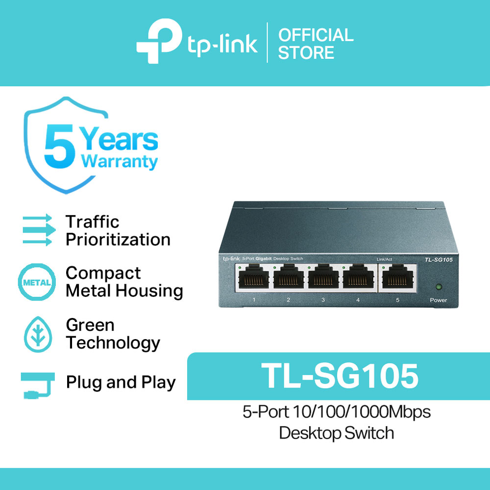 TP-Link Official Store / TL-SG105 / Gigabit 5 Port 10/100/1000Mbps Desktop Network Ethernet Switch Hub for Internet