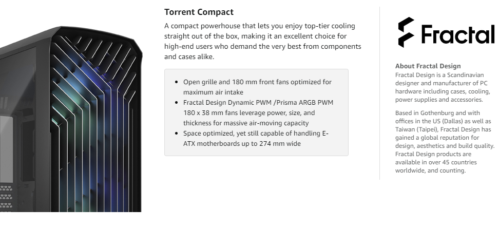 Fractal Design Torrent Compact Black TG Dark Tempered Glass High-Airflow ATX Computer Case - ‎FD-C-TOR1C-01