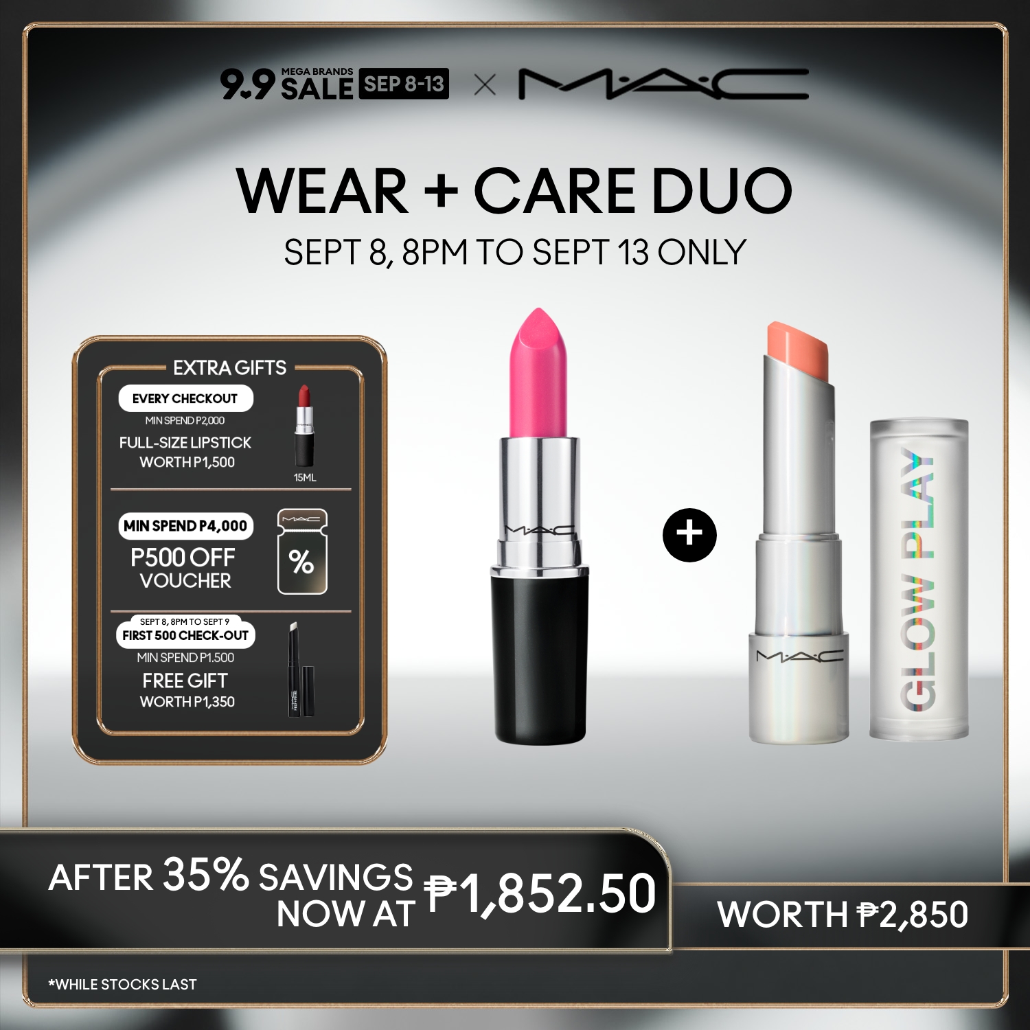 Discount on M·A·C  shoes - SKU: 【35% OFF】MAC Lustreglass Sheer Shine Lipstick 3g and MAC Glowplay Tendertalk Lip Balm