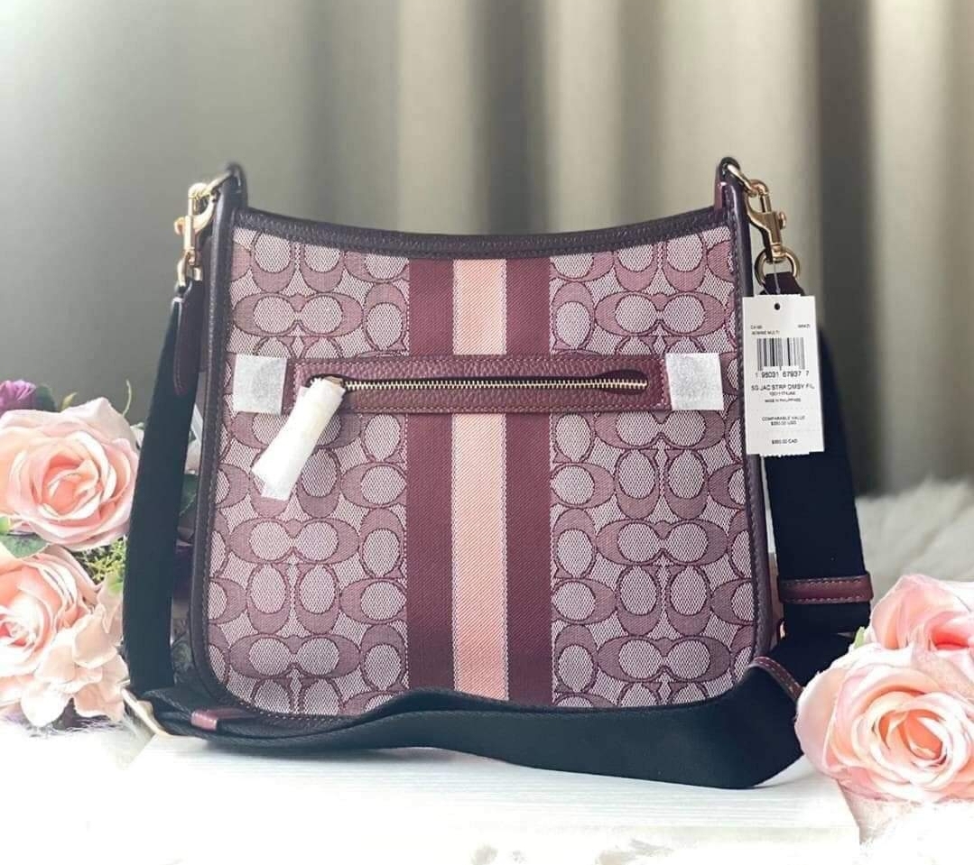 NWT Coach Signature Jacquard Stripe Dempsey Crossbody File Bag CA195 Wine  Multi