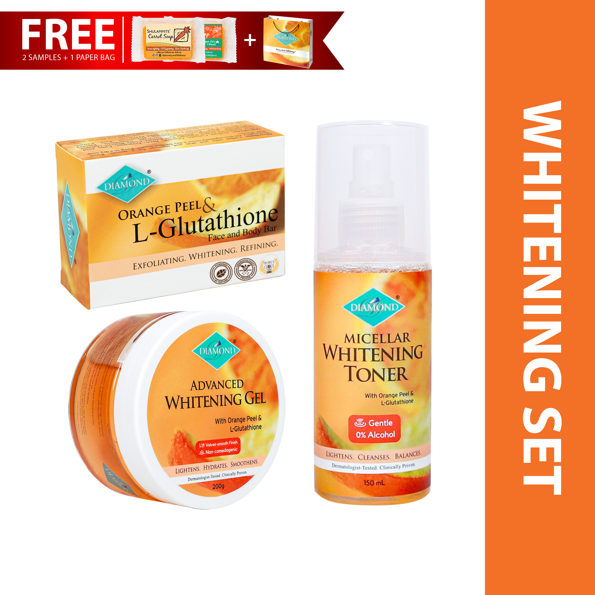 Diamond Orange Peel and L - Glutathione Face and Body Bar (Whitening Soap)  150g Carrot Soap (Anti-acne) 150g with Placenta Soap (Anti-aging) 150g  Dermatologist-Proven Whitening Soap - Lazada