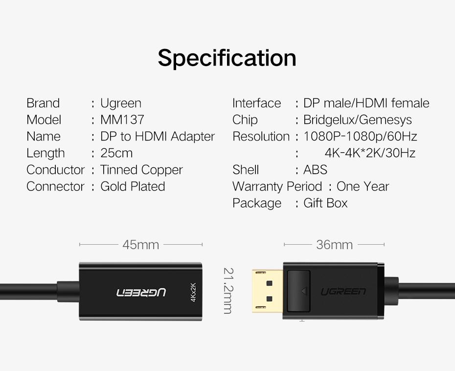 UGREEN HDMI Female to DisplayPort (DP) Male Converter DP to HDMI 4K 60hz UHD 4Kx2K Black MM137 40363