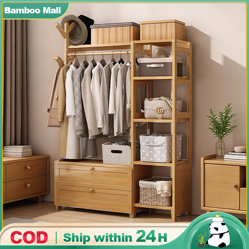 Bamboo Wardrobe Cabinet with Drawer With Storage Cabinet Floor Standing Bedroom Coat Rack Room Hanging Clothes Rack - Brand LACCO HUG Presyo 759 Piso*Libreng Shipping