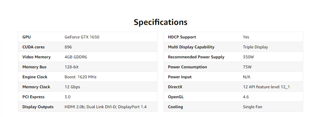 ZOTAC GAMING GeForce GTX 1650 OC 4GB GDDR6 128-bit Gaming Graphics Card, Super Compact, ZT-T16520F-10L
