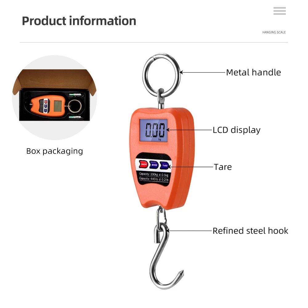 US STOCK Hanging Weighing Scales 200kg Heavy Duty Hanging Weighing Scales Highly Accurate Scales with Hook Fishing Scale 2x Hanging Hooks Kit 