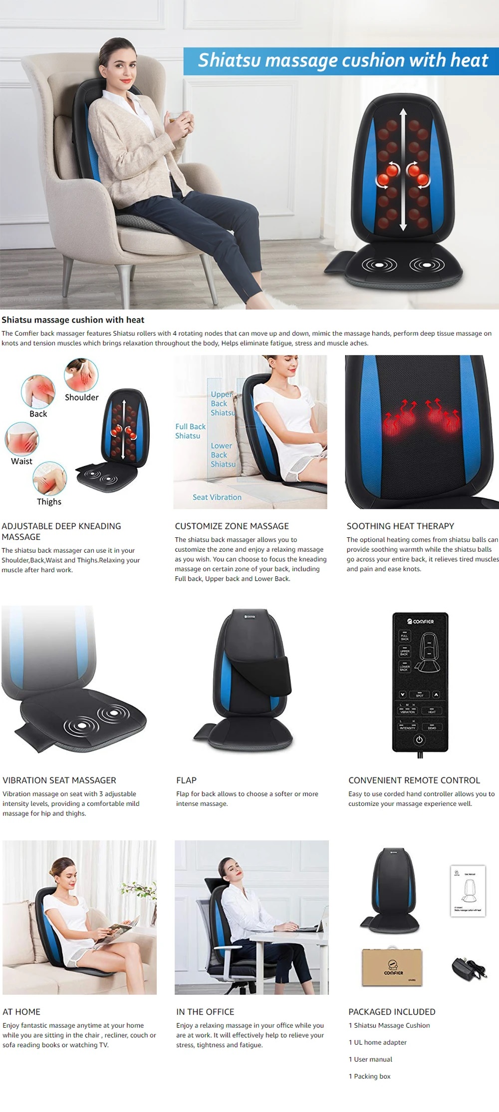 Comfier Shiatsu Back Massager with Heat-Deep Tissue Kneading