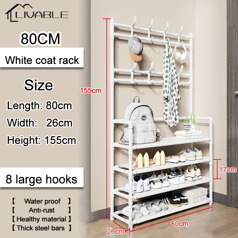 LIVABLE 4 Layer Shoe Hat Rack Stainless Steel Floor Coat Rack Multifunctional Shoe Rack Storage Organizer with Hooks - Image 3
