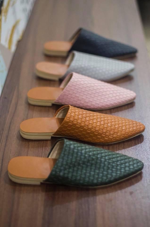 woven tan mules