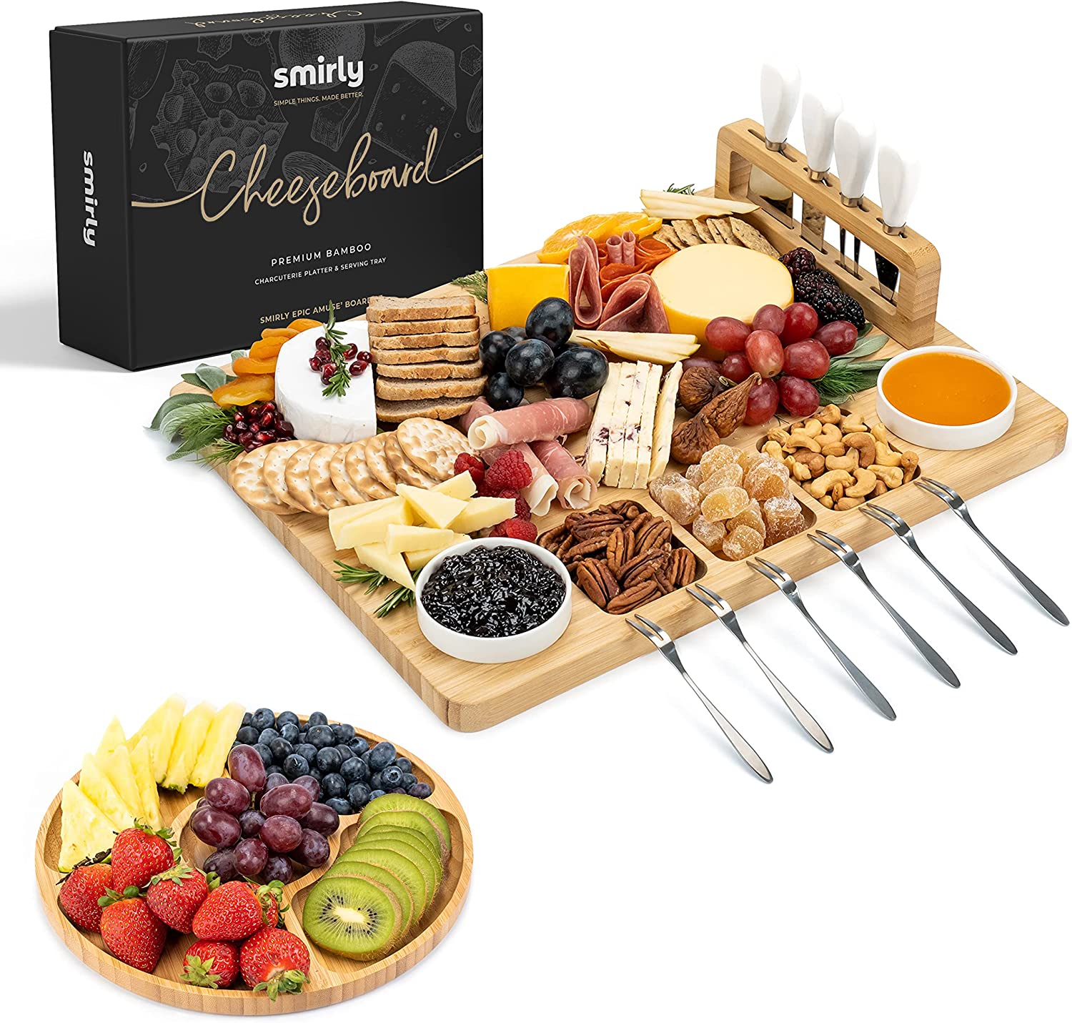 Smirly Premium Bamboo Charcuterie Cheese Board Serving Platter