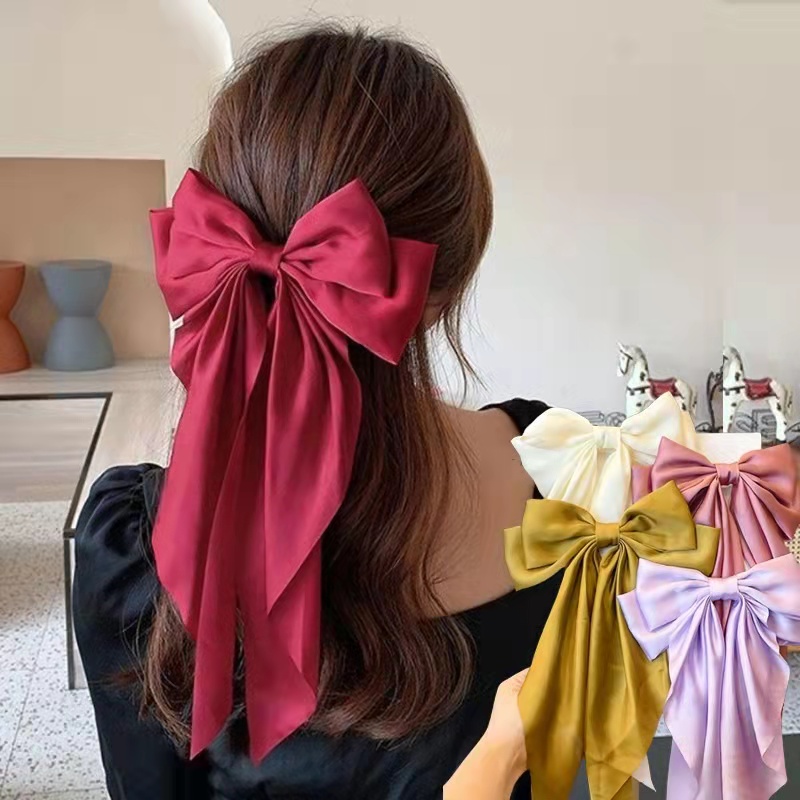 HOMEPIC Large Satin Hair Bows Ties for Girls Women Silk-Stylish French Bow  Hair Clip Bowknot Hair Barrettes Big Ribbon Bow with Long Tail Pack Of 3  (Random color) : Amazon.in: Jewellery