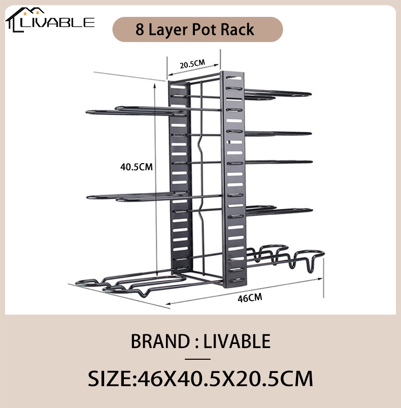 LIVABLE 8-Layer Pot Rack Kitchen Countertop Storage Rack Metal Organizer Shelf Multifunction Adjustable Plate & Pan Rack - Image 2