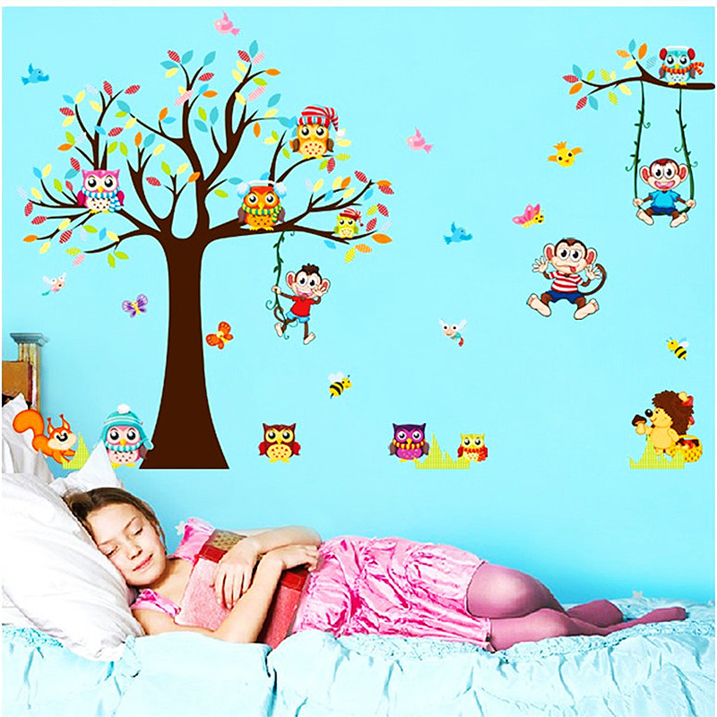 LiveGallery Cartoon Animals Wall Decals - Removable Tree With Owls, Monkey, Elephant, Giraffe Stickers - View #10