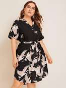 Miss M Plus Size Crane Print Belted Dress